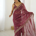 Maroon Designer Saree Gold Embroidered Border Party Wear Saree