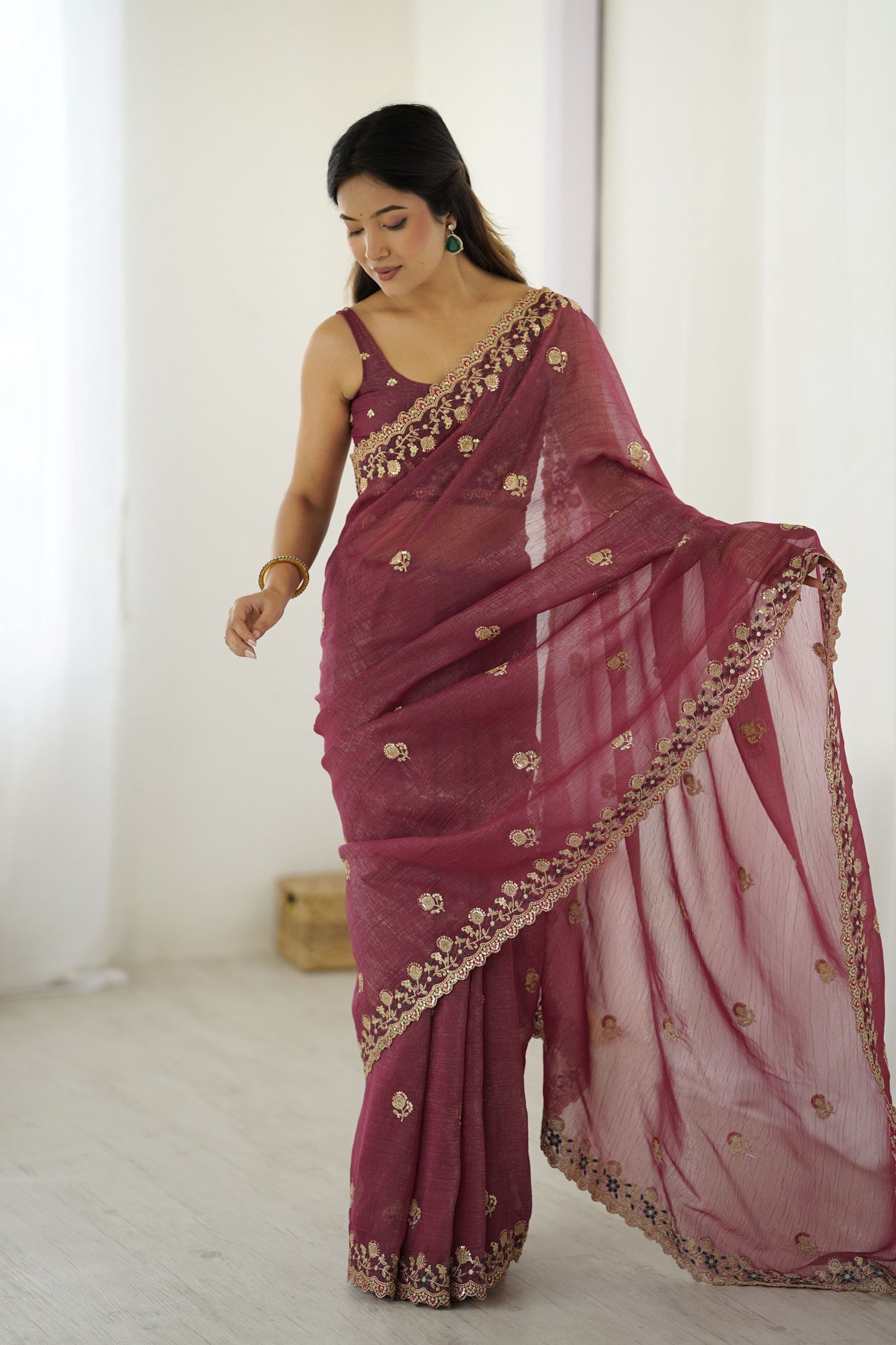 Maroon Designer Saree Gold Embroidered Border Party Wear Saree