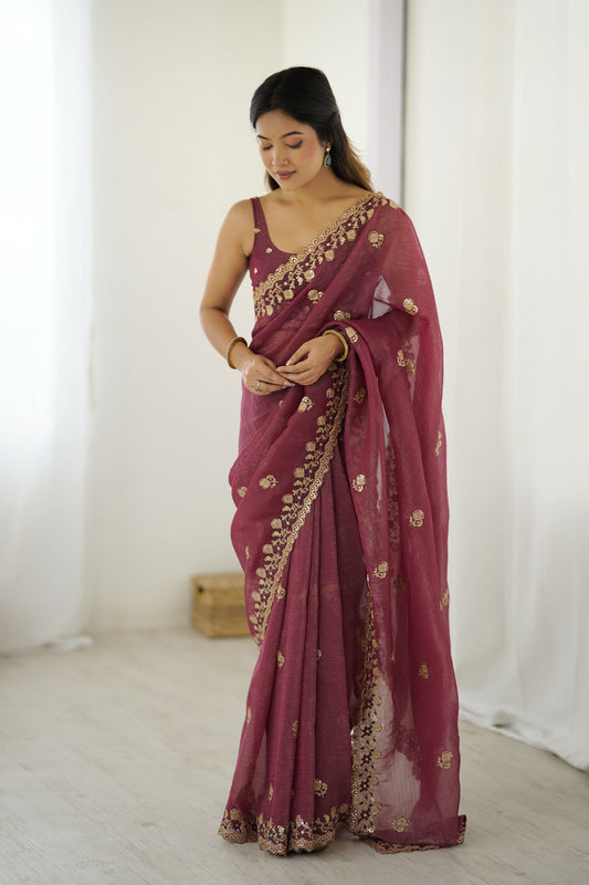 Maroon Designer Saree Gold Embroidered Border Party Wear Saree