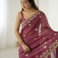 Maroon Designer Saree Gold Embroidered Border Party Wear Saree