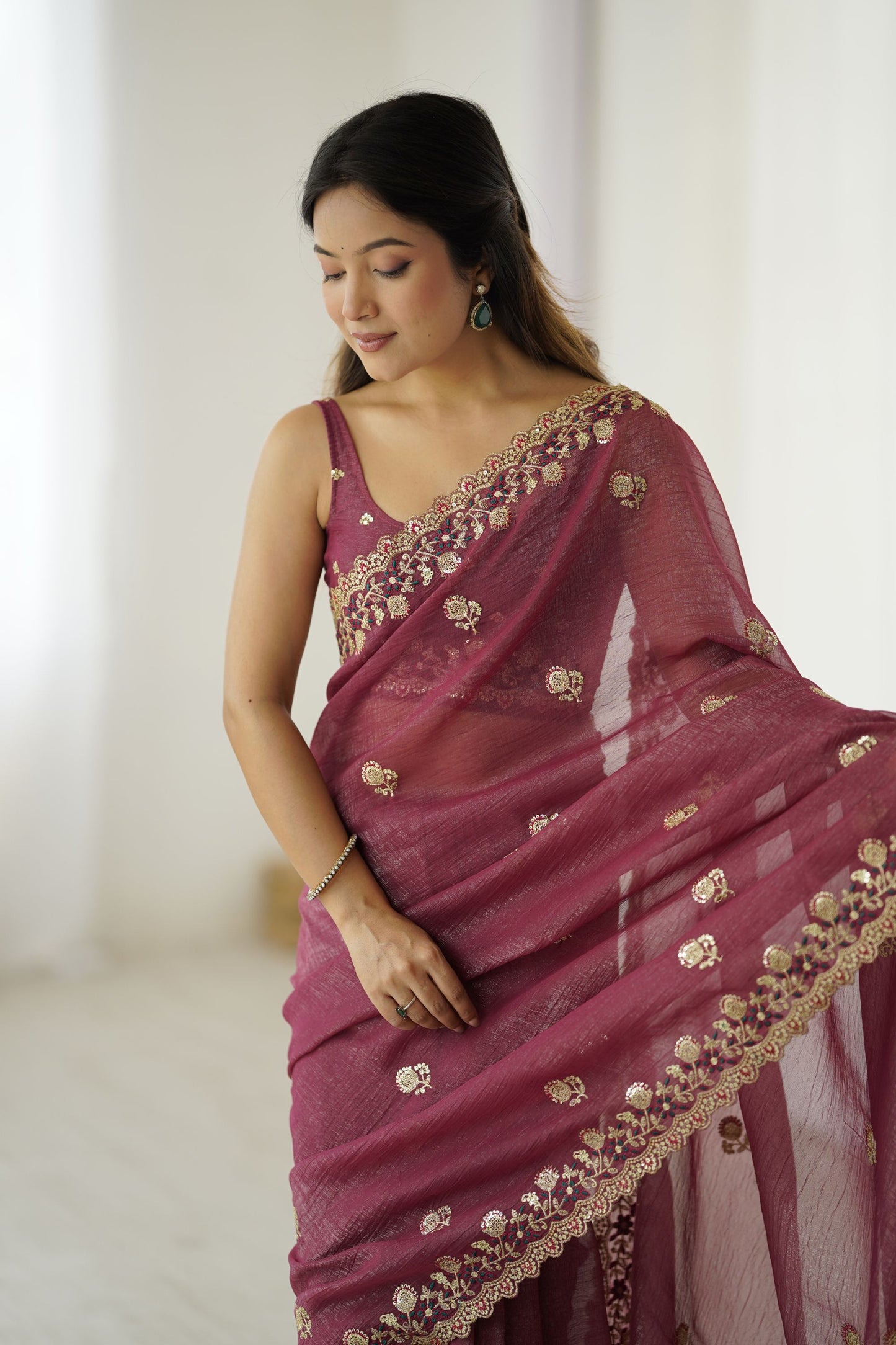 Maroon Designer Saree Gold Embroidered Border Party Wear Saree