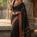 Black Traditional Silk Saree with Red Gold Zari Border Saree
