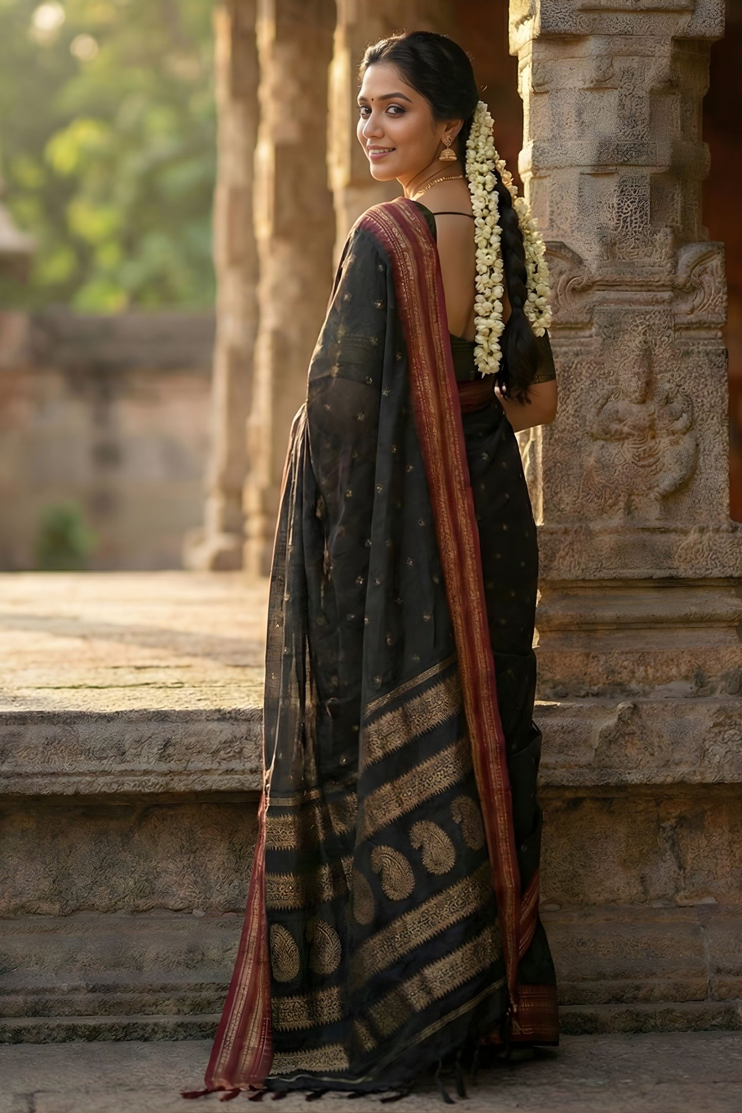 Black Traditional Silk Saree with Red Gold Zari Border Saree