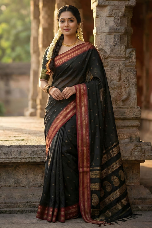 Black Traditional Silk Saree with Red Gold Zari Border Saree