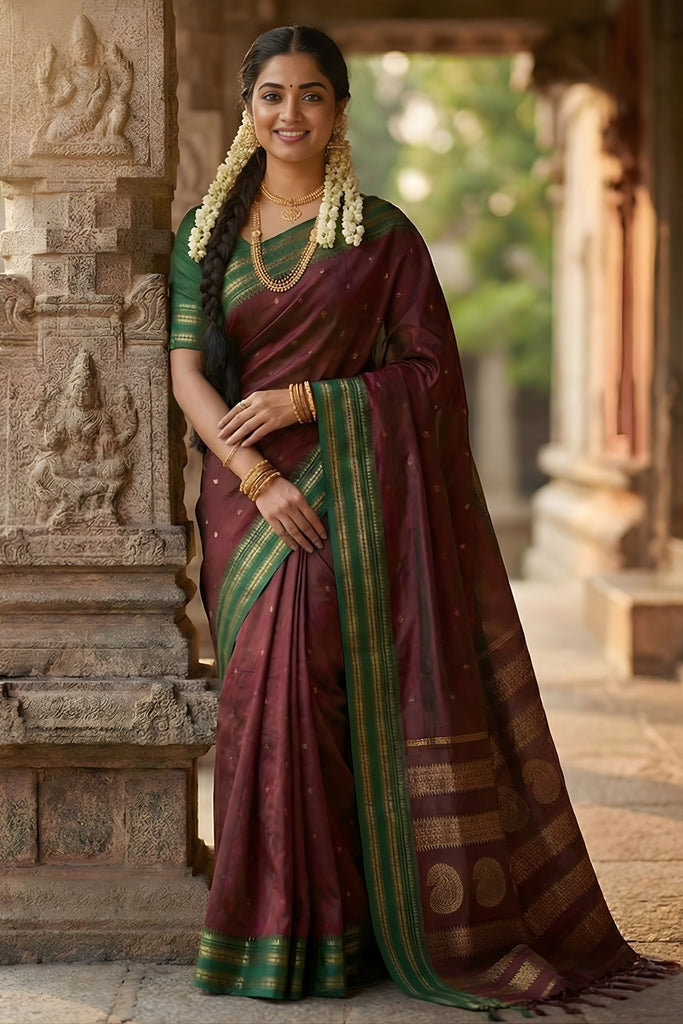 Maroon Traditional Silk Saree with Green Zari Border Saree 