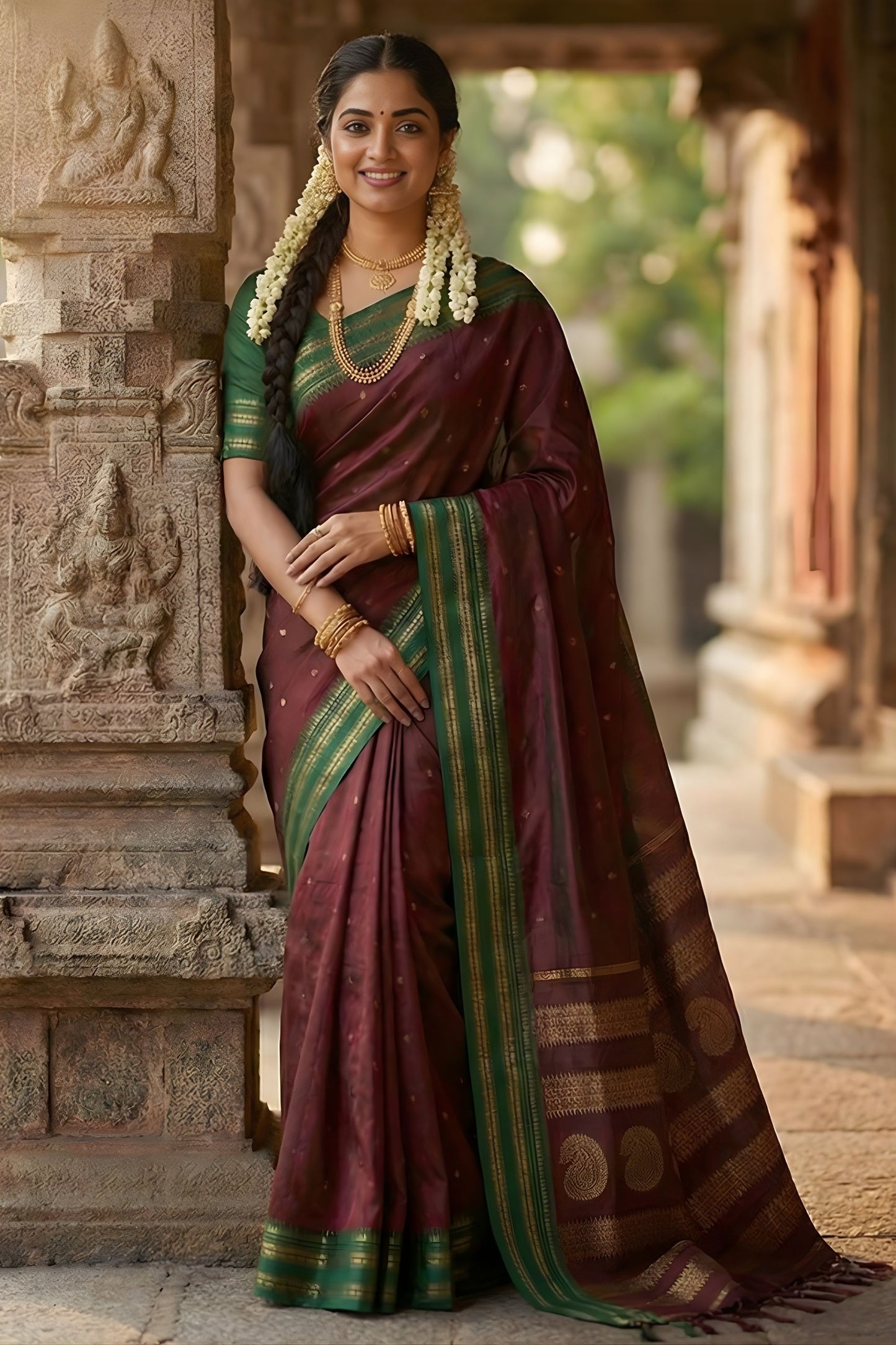 Maroon Traditional Silk Saree with Green Zari Border Saree 