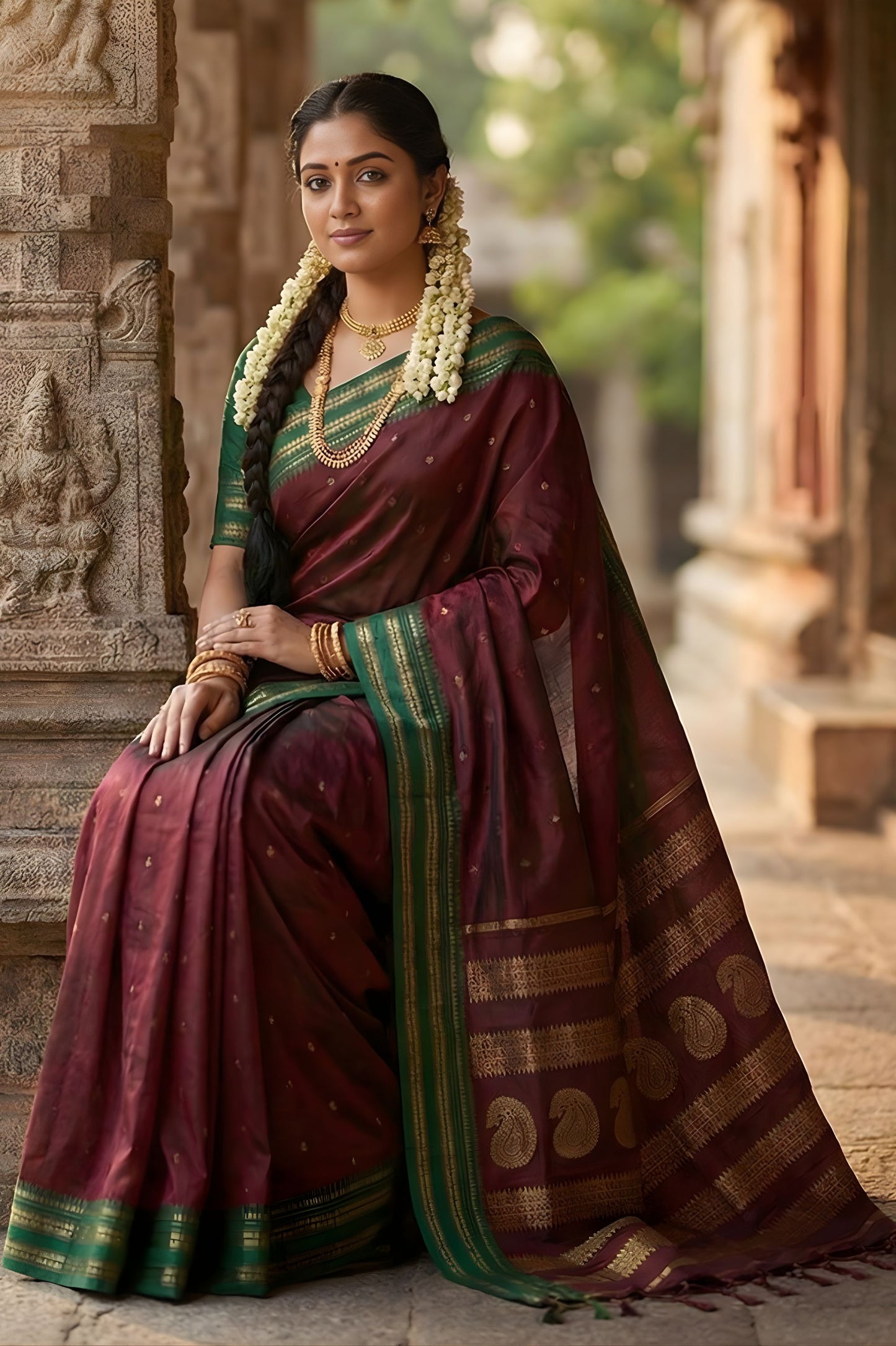 Maroon Traditional Silk Saree with Green Zari Border Saree