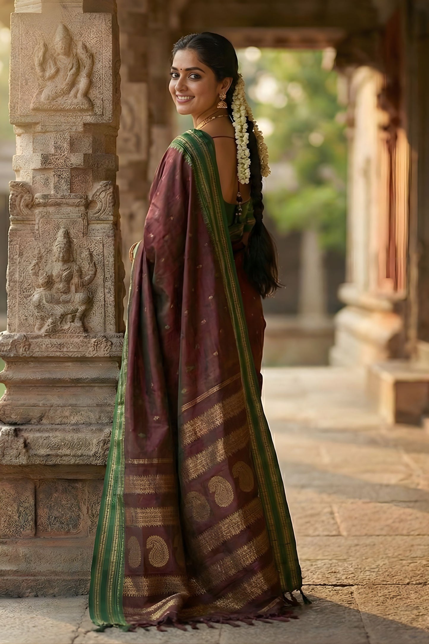 Maroon Traditional Silk Saree with Green Zari Border Saree