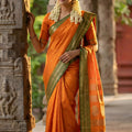 Orange Traditional Silk Saree with Green Zari Border Saree 