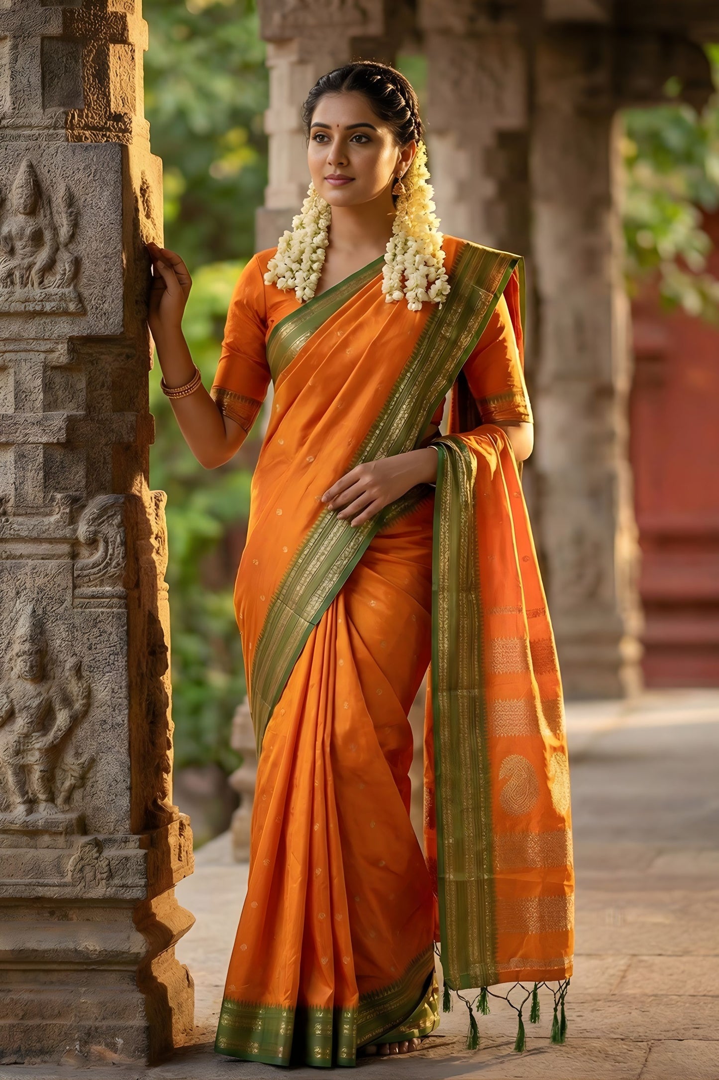 Orange Traditional Silk Saree with Green Zari Border Saree 