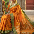 Orange Traditional Silk Saree with Green Zari Border Saree
