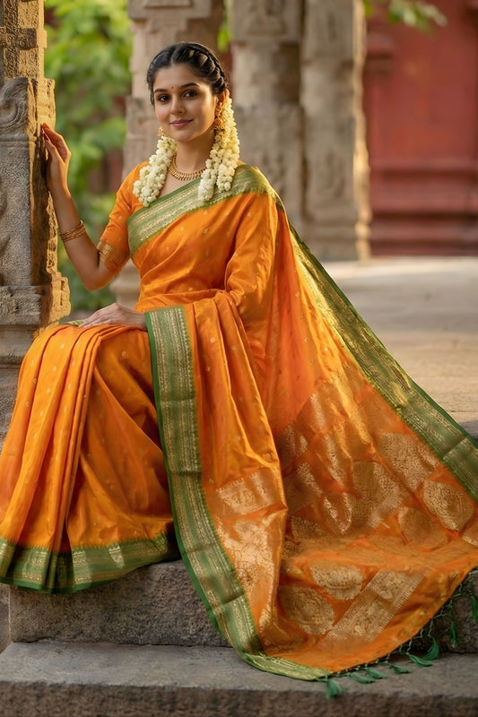 Orange Traditional Silk Saree with Green Zari Border Saree