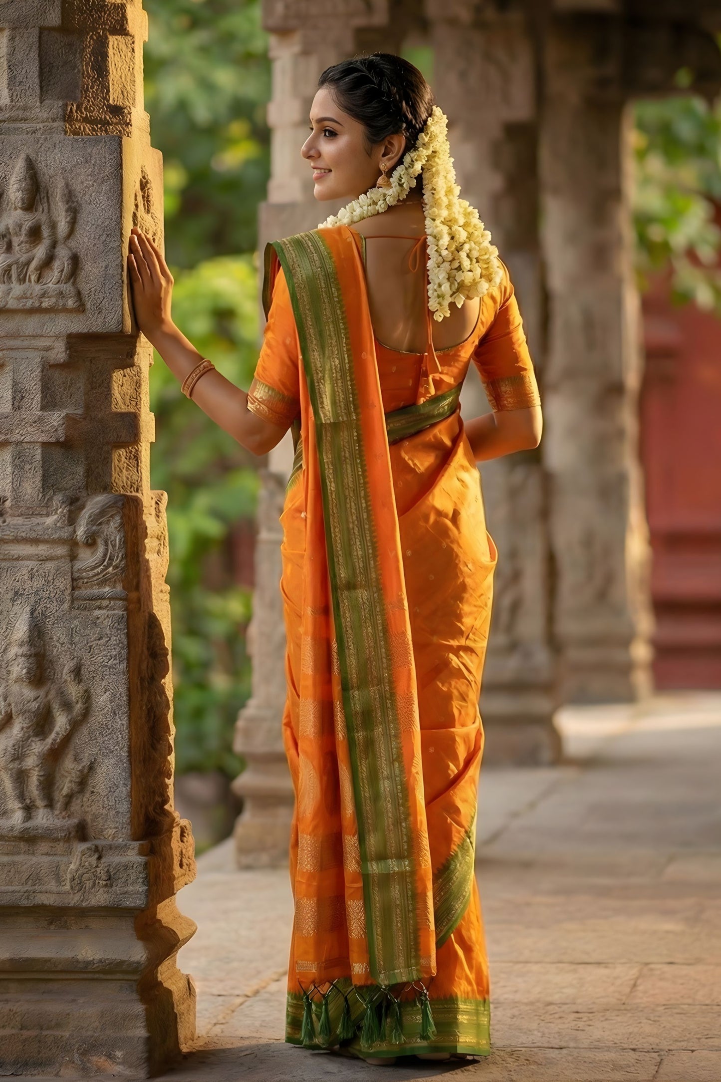 Orange Traditional Silk Saree with Green Zari Border Saree