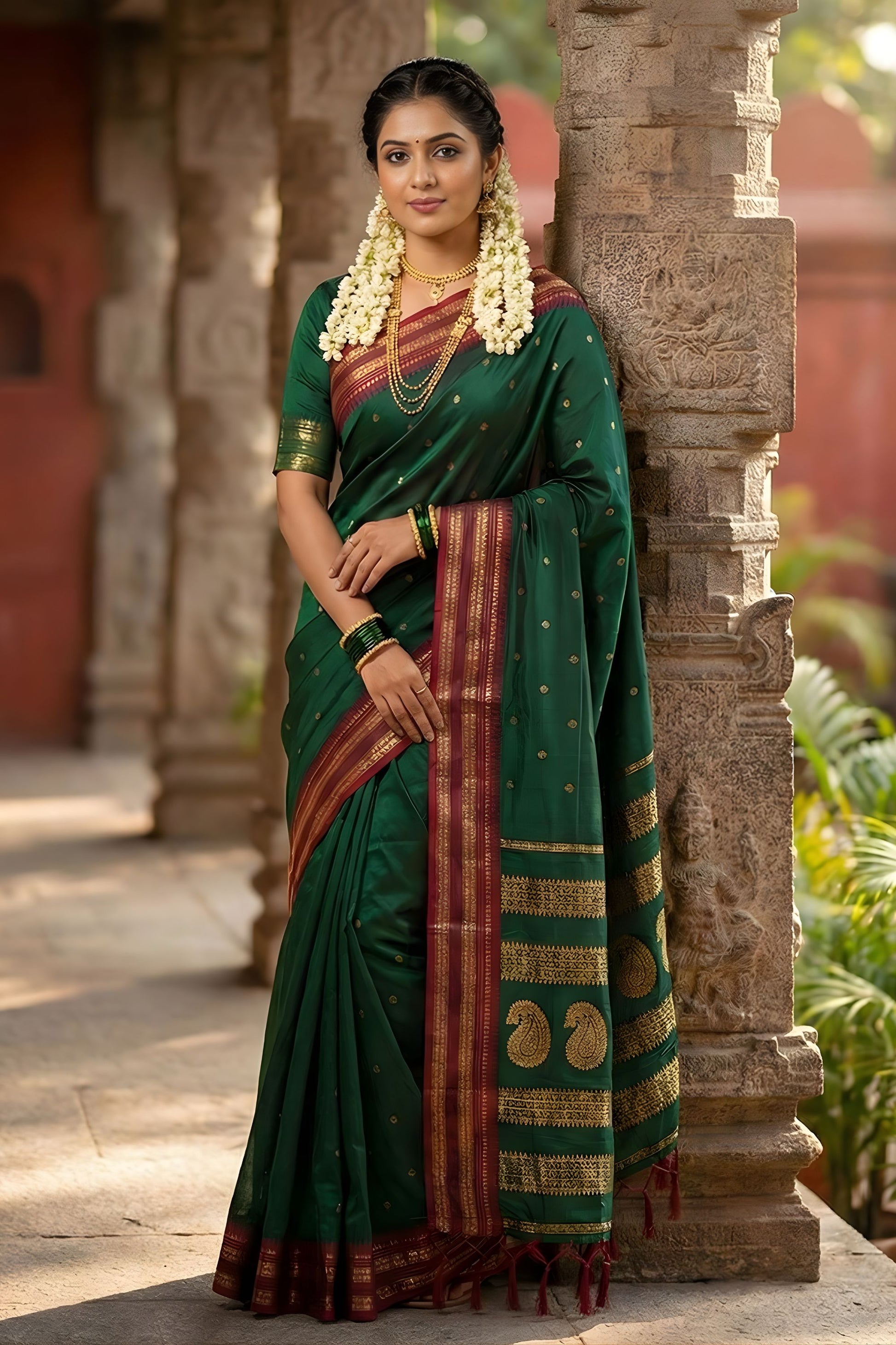 Dark Green Traditional Silk Saree with Red Gold Zari Border Saree