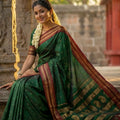 Dark Green Traditional Silk Saree with Red Gold Zari Border Saree