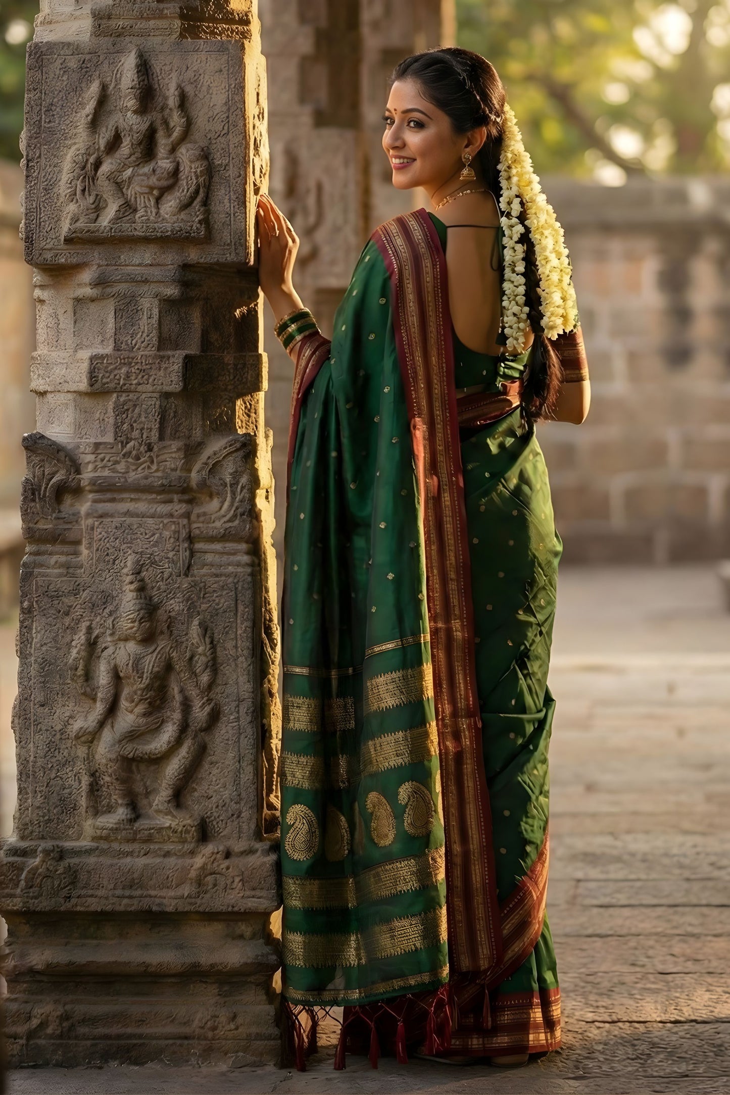 Dark Green Traditional Silk Saree with Red Gold Zari Border Saree