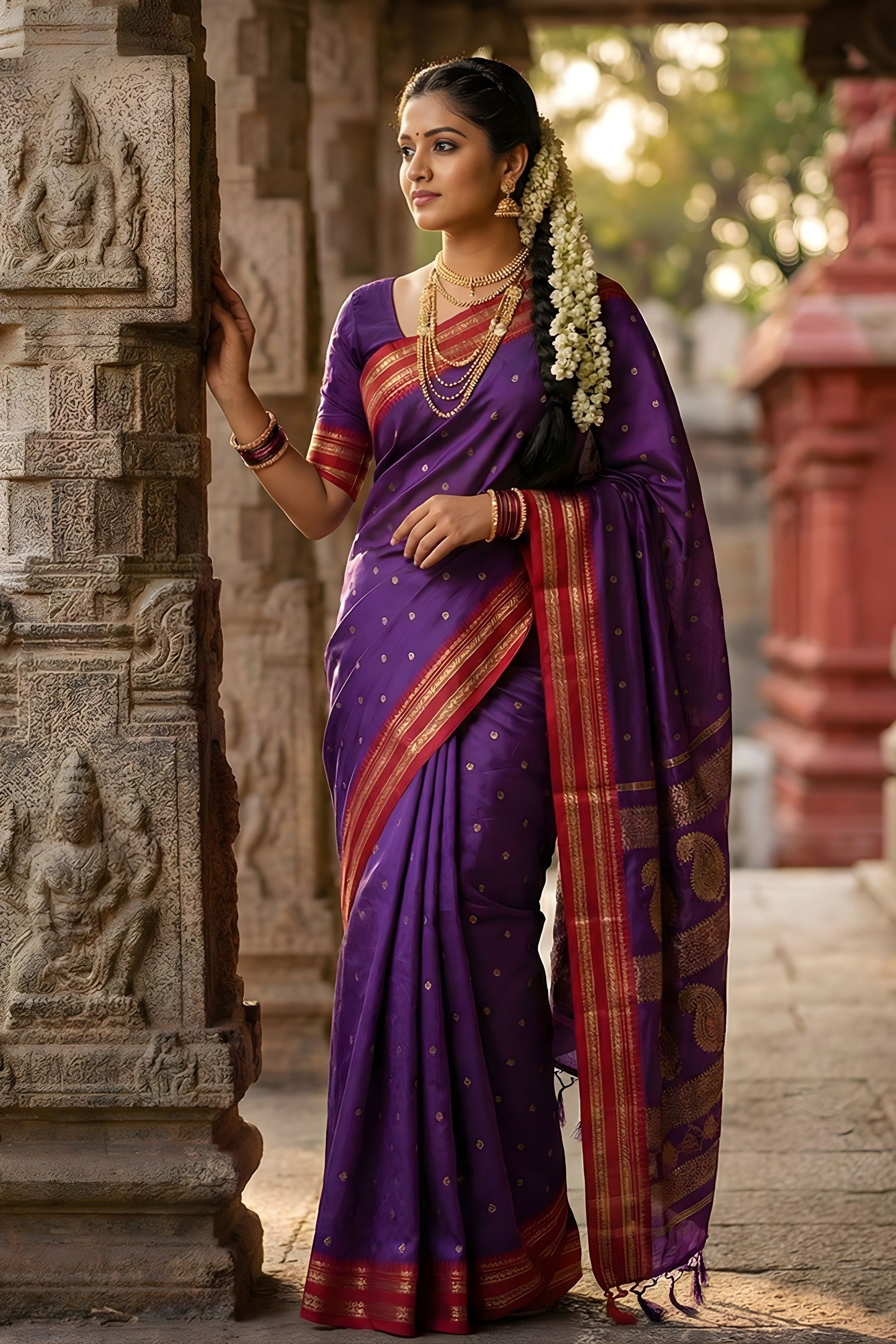 Purple Traditional Silk Saree with Red Gold Zari Border Saree