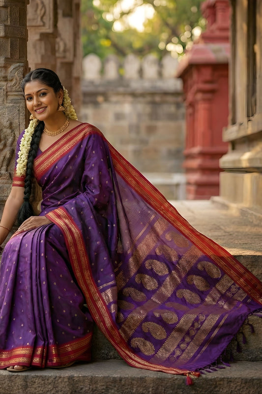 Purple Traditional Silk Saree with Red Gold Zari Border Saree