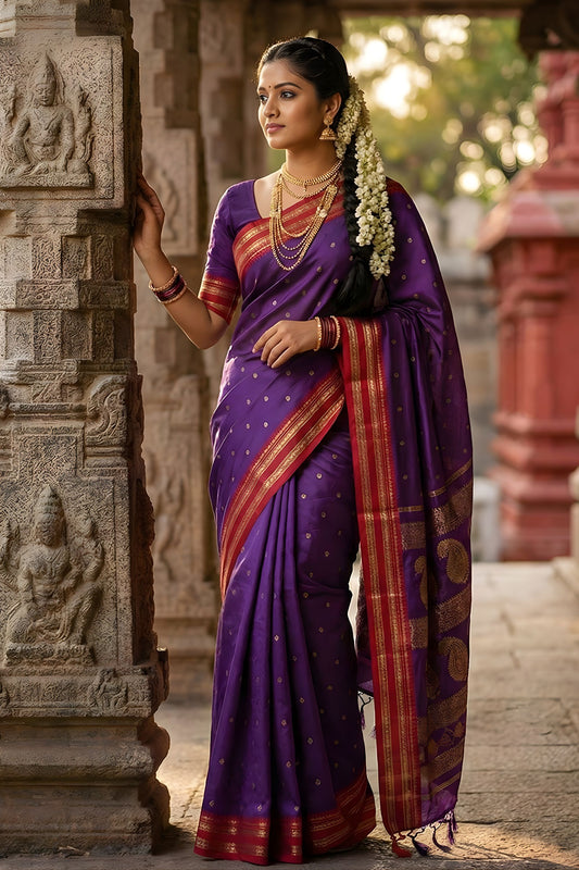 Purple Traditional Silk Saree with Red Gold Zari Border Saree