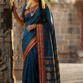 Traditional Teal Blue Silk Saree with Red Gold Zari Border Saree