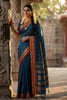 Traditional Teal Blue Silk Saree with Red Gold Zari Border Saree