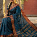 Traditional Teal Blue Silk Saree with Red Gold Zari Border Saree