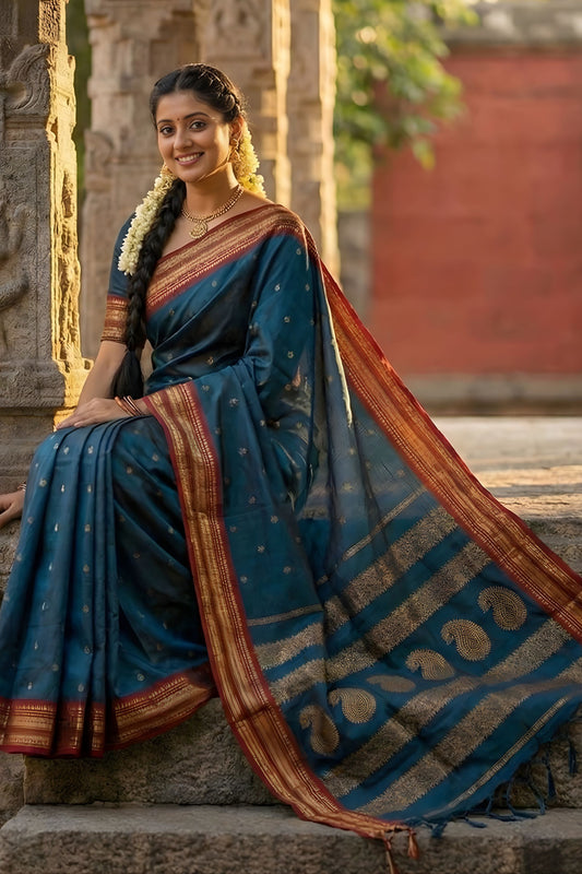 Traditional Teal Blue Silk Saree with Red Gold Zari Border Saree