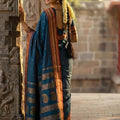 Traditional Teal Blue Silk Saree with Red Gold Zari Border Saree