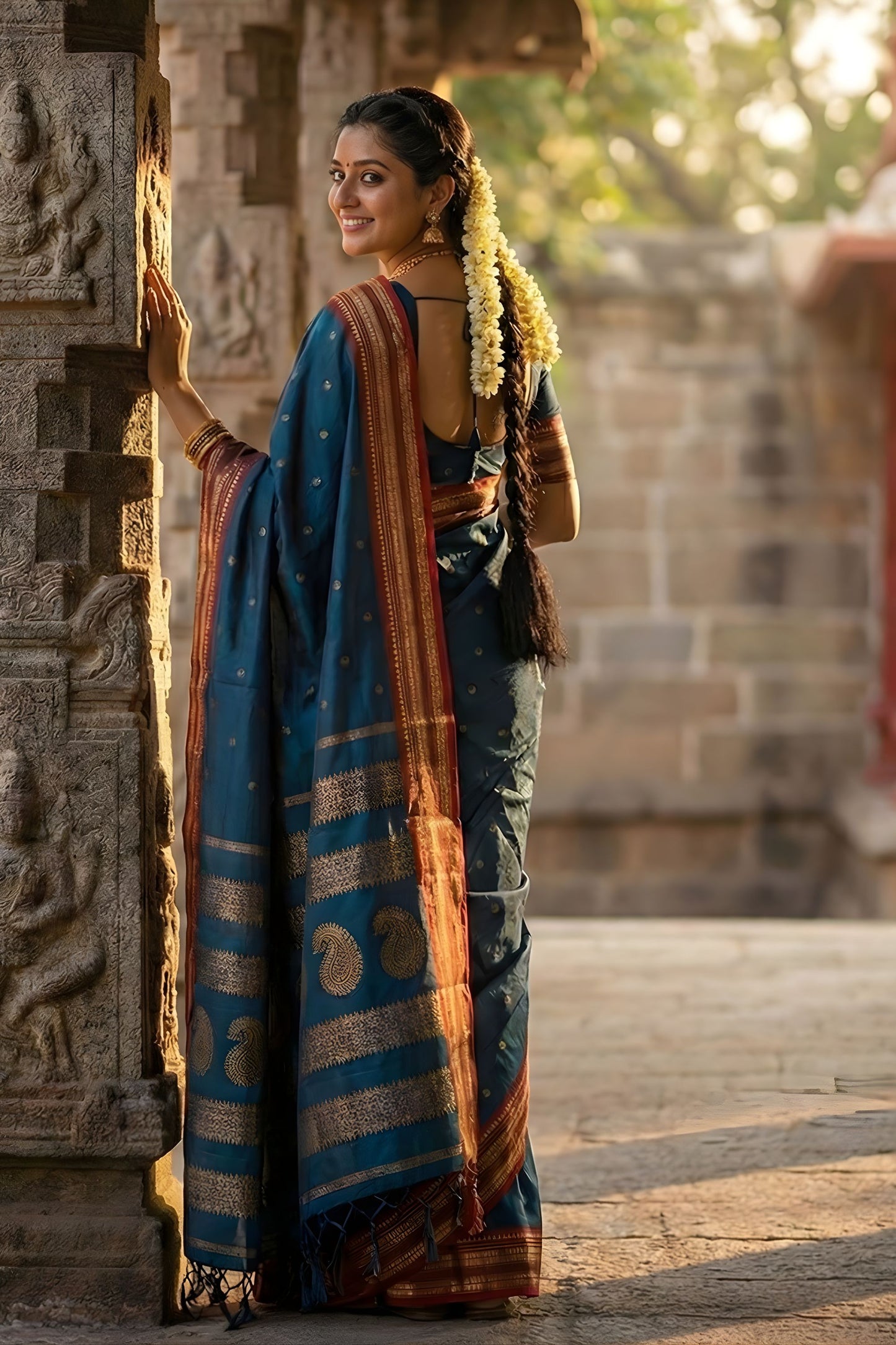 Traditional Teal Blue Silk Saree with Red Gold Zari Border Saree