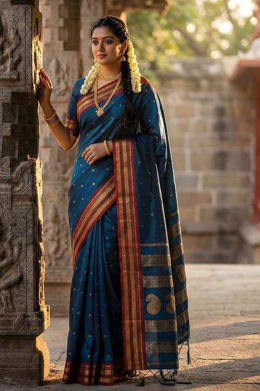 Traditional Teal Blue Silk Saree with Red Gold Zari Border Saree
