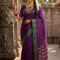 Purple Silk Saree with Green Gold Zari Border Traditional Saree 