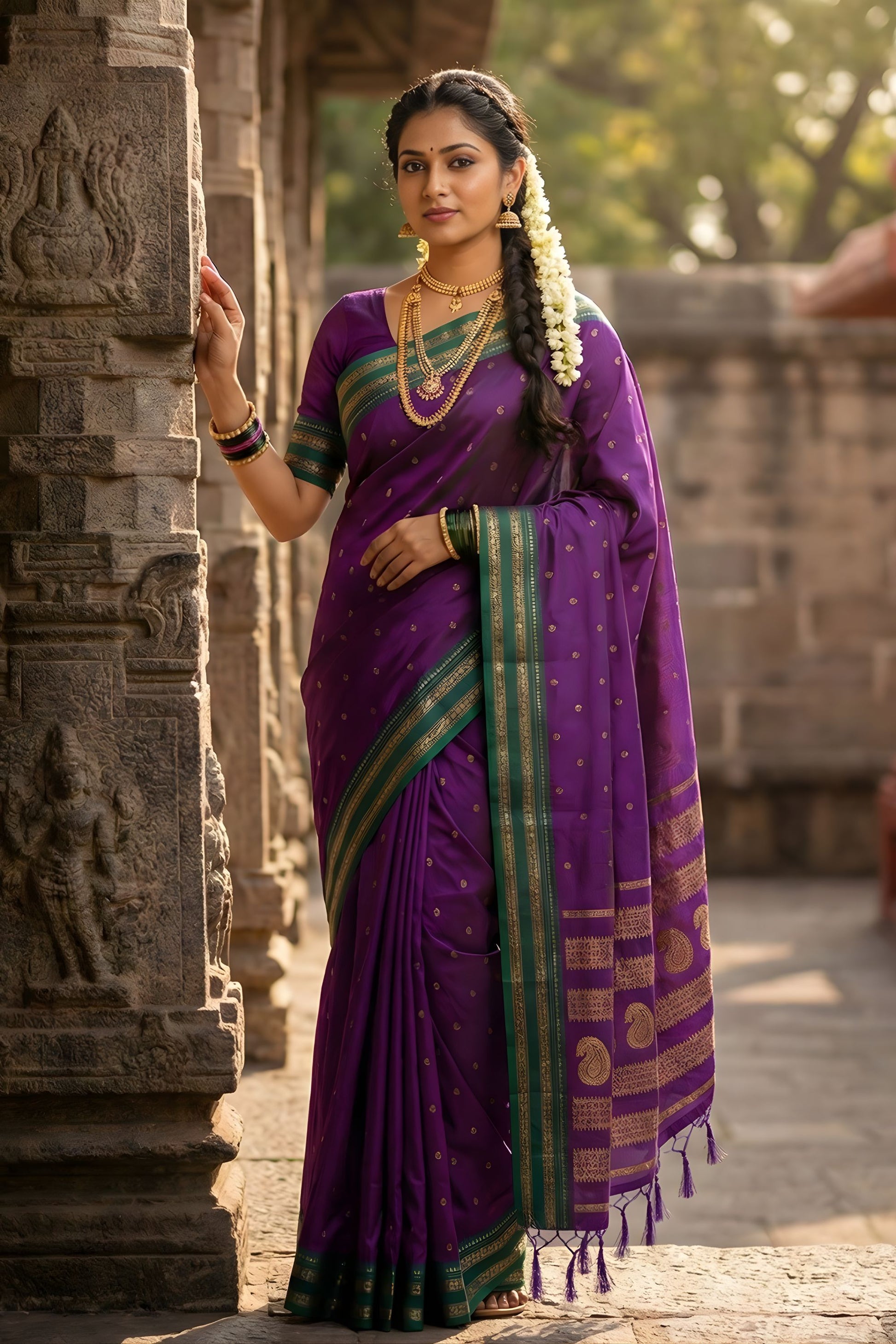 Purple Silk Saree with Green Gold Zari Border Traditional Saree 