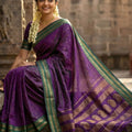 Purple Silk Saree with Green Gold Zari Border Traditional Saree