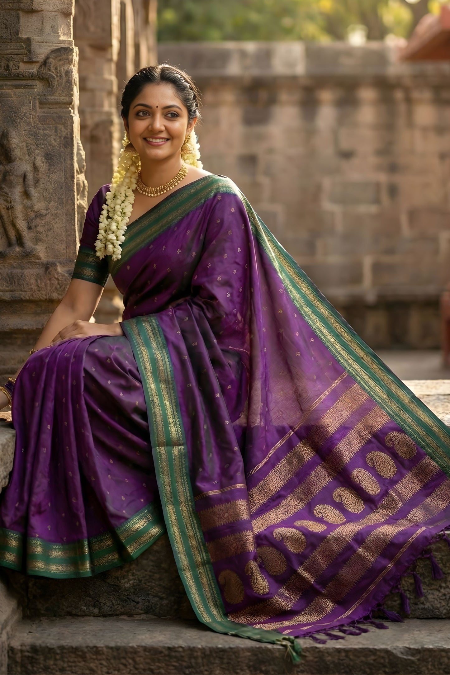 Purple Silk Saree with Green Gold Zari Border Traditional Saree