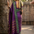 Purple Silk Saree with Green Gold Zari Border Traditional Saree
