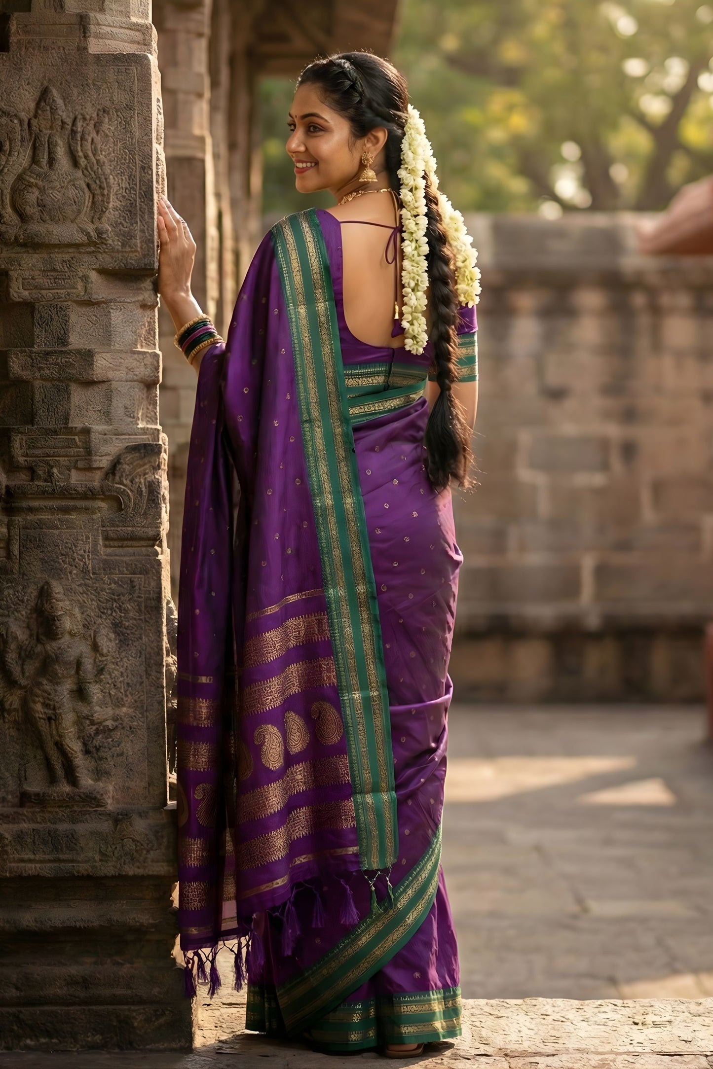 Purple Silk Saree with Green Gold Zari Border Traditional Saree