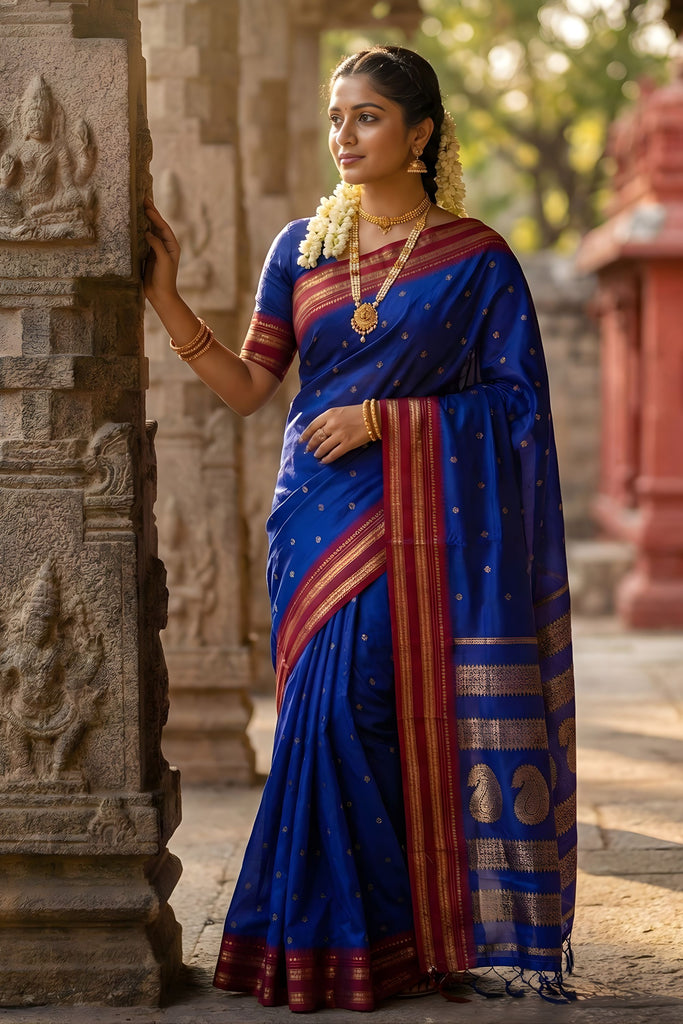 Royal Blue Silk Saree with Red Gold Zari Border Saree 
