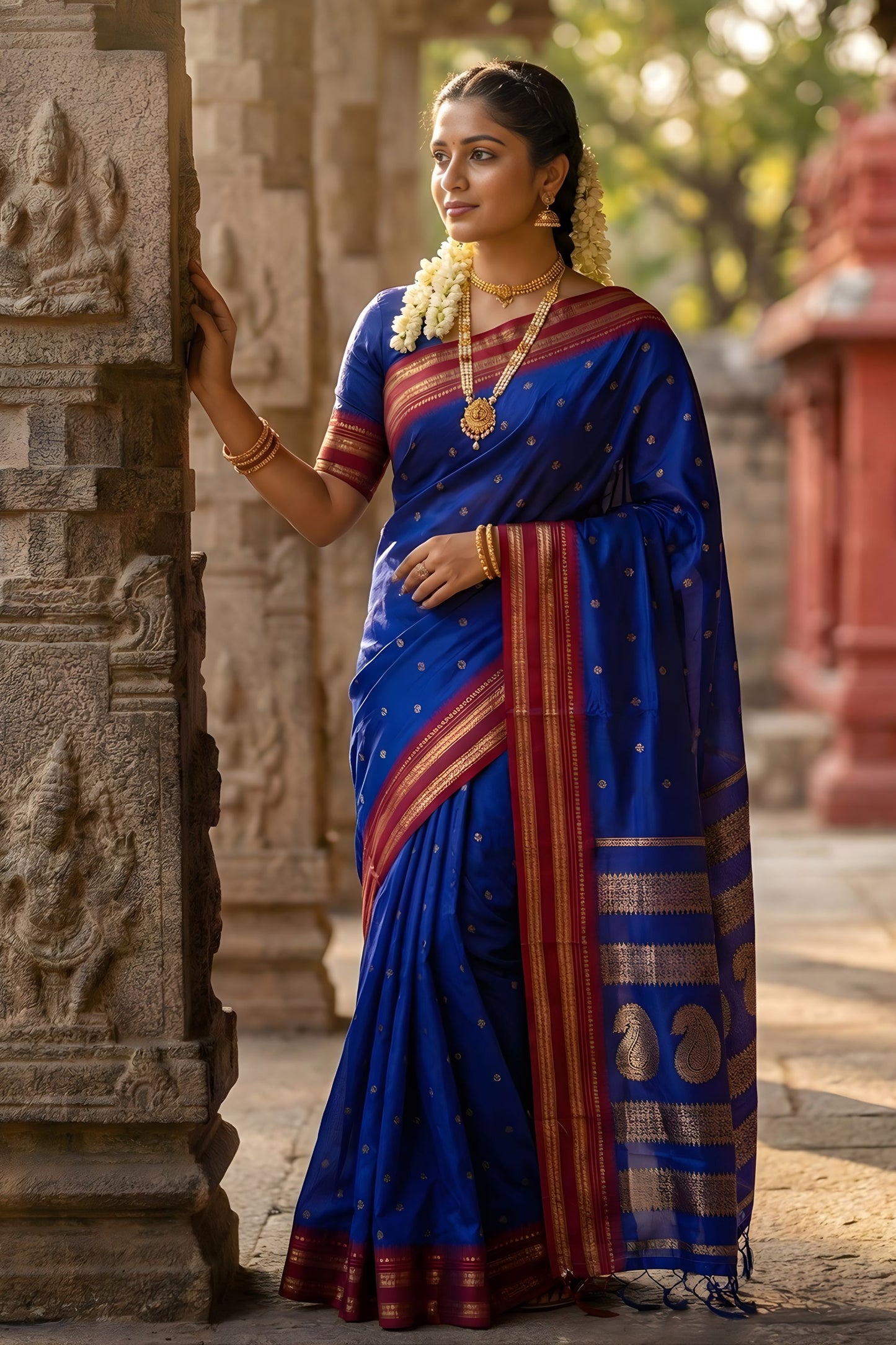 Royal Blue Silk Saree with Red Gold Zari Border Saree 