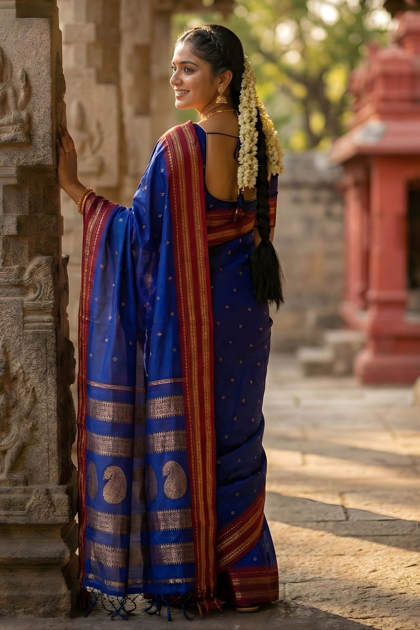 Royal Blue Silk Saree with Red Gold Zari Border Saree
