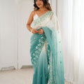 Mint Green Ivory Ombre Organza Saree Floral Embroidery Border