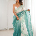 Mint Green Ivory Ombre Organza Saree Floral Embroidery Border