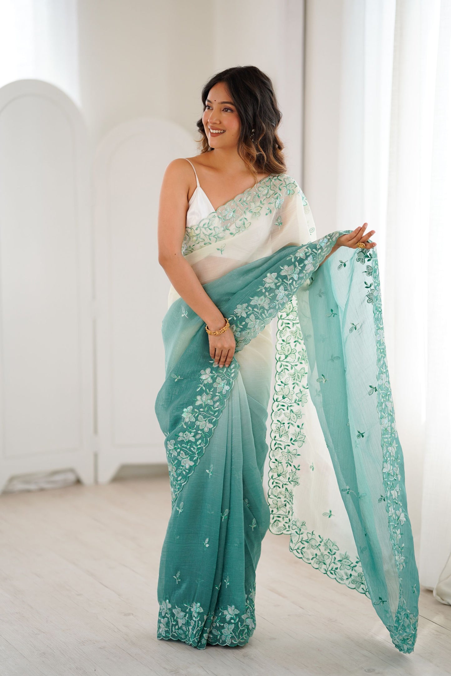 Mint Green Ivory Ombre Organza Saree Floral Embroidery Border