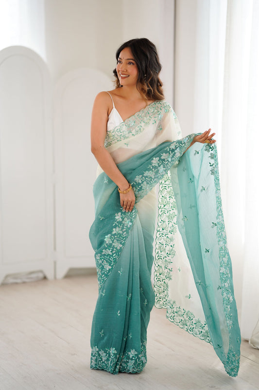 Mint Green Ivory Ombre Organza Saree Floral Embroidery Border