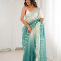 Mint Green Ivory Ombre Organza Saree Floral Embroidery Border