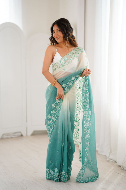 Mint Green Ivory Ombre Organza Saree Floral Embroidery Border