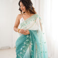Mint Green Ivory Ombre Organza Saree Floral Embroidery Border
