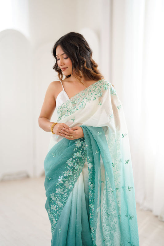 Mint Green Ivory Ombre Organza Saree Floral Embroidery Border