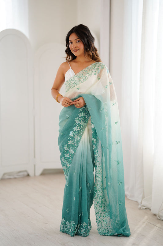 Mint Green Ivory Ombre Organza Saree Floral Embroidery Border