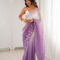 Lavender Ivory Ombre Organza Saree with Floral Embroidery Border