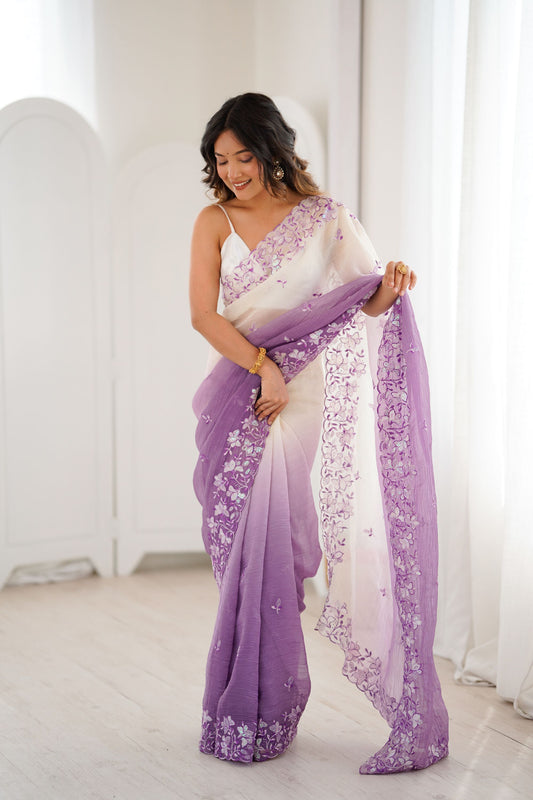 Lavender Ivory Ombre Organza Saree with Floral Embroidery Border